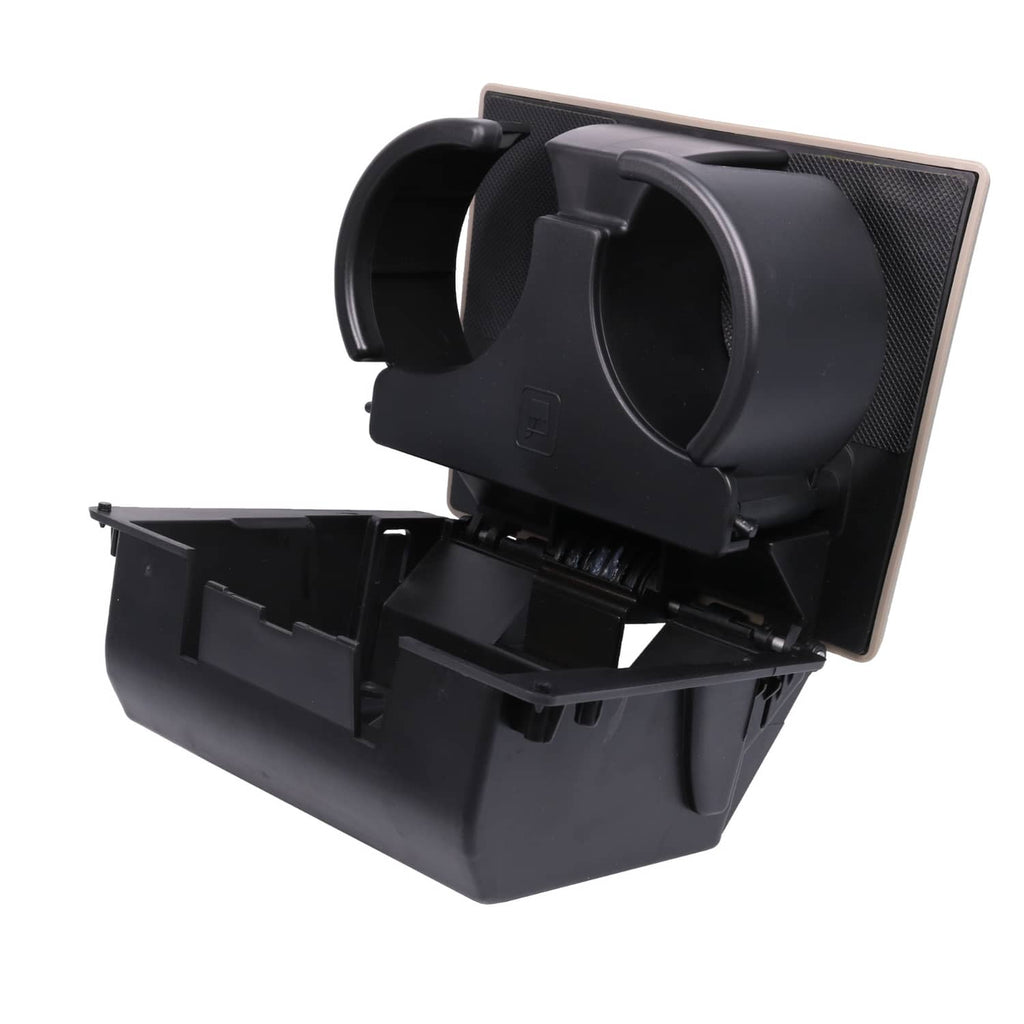 Black dashboard cup holder insert open with two cup wells and hinged cover