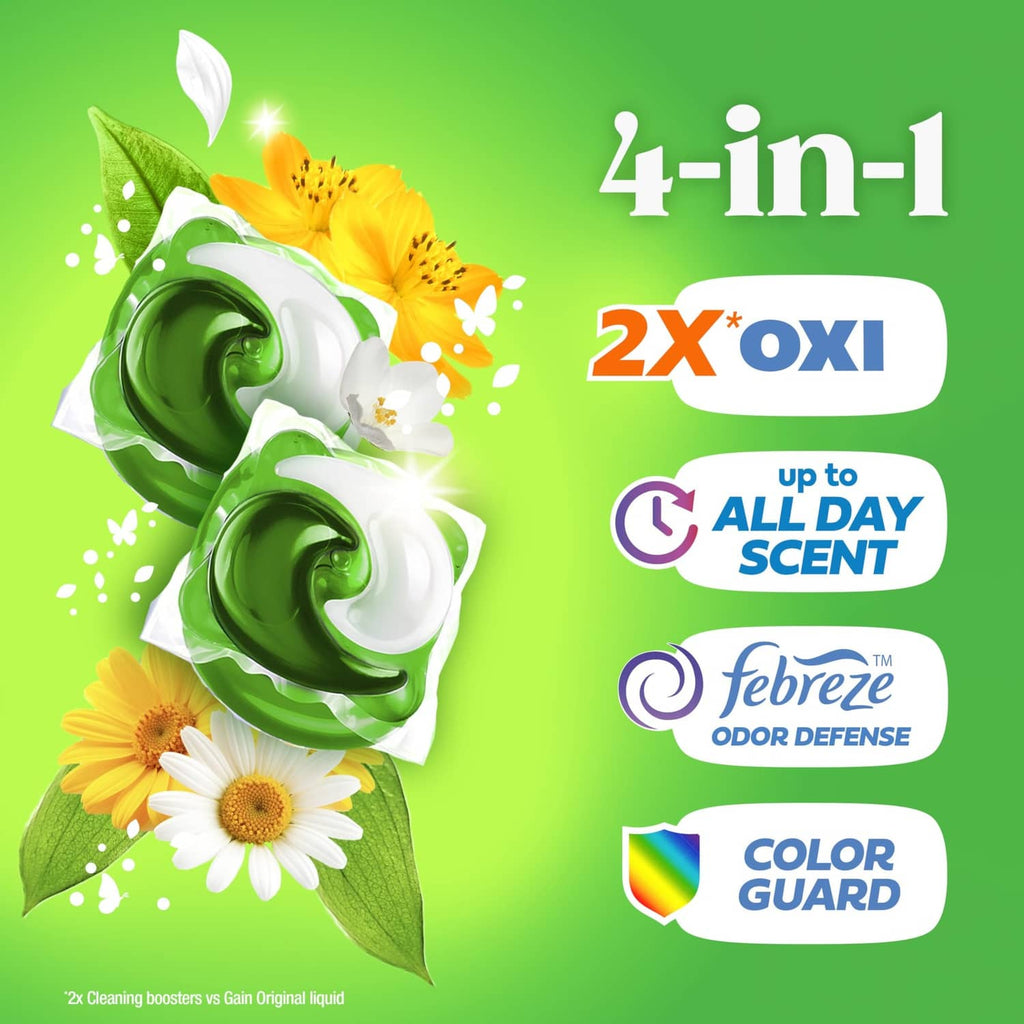 Green-and-white Gain flings detergent pods shown with freshness icons