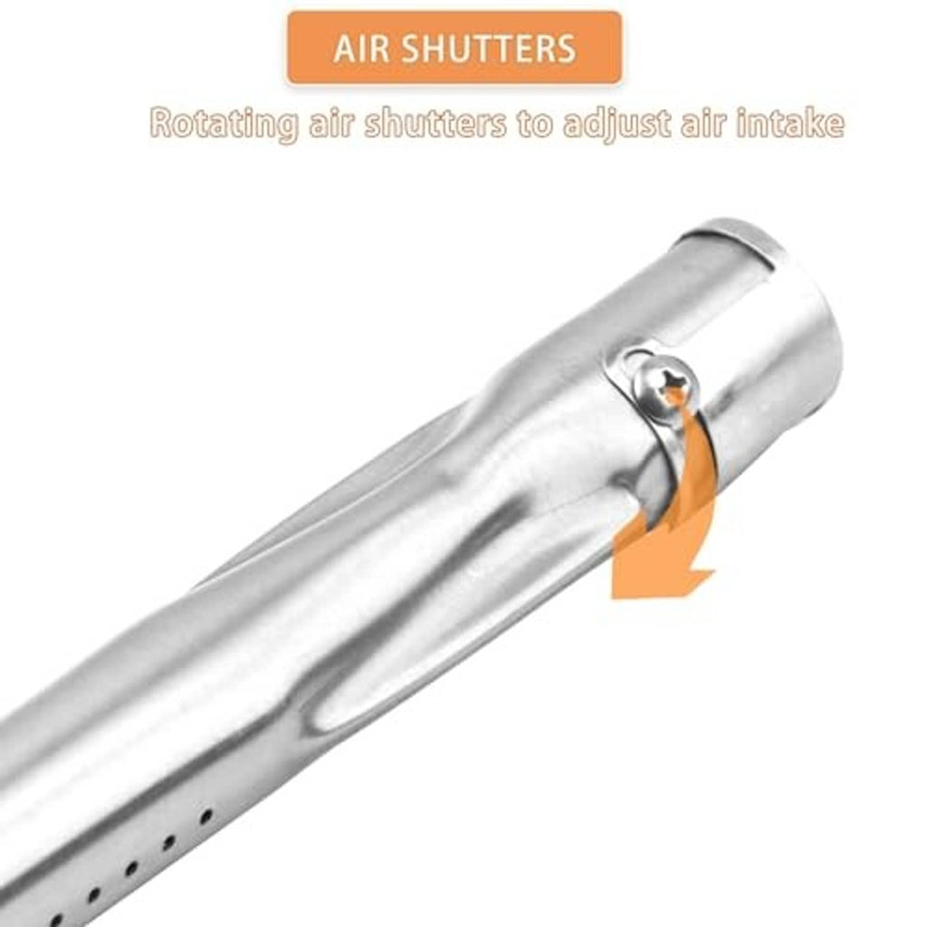 Stainless steel grill burner tube with air shutter control near the end