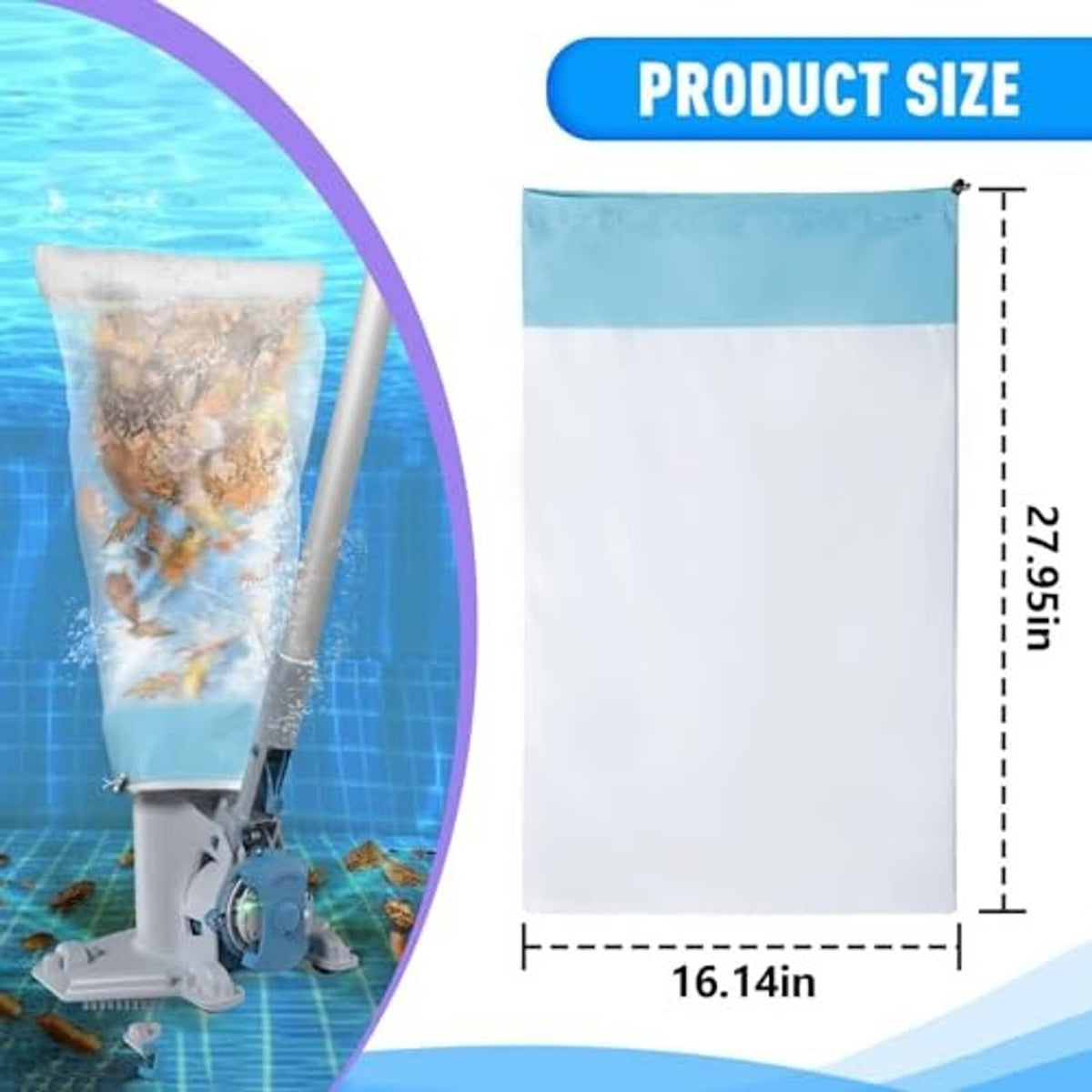 Pool replacement bag, white mesh with light-blue top band and top corner grommet