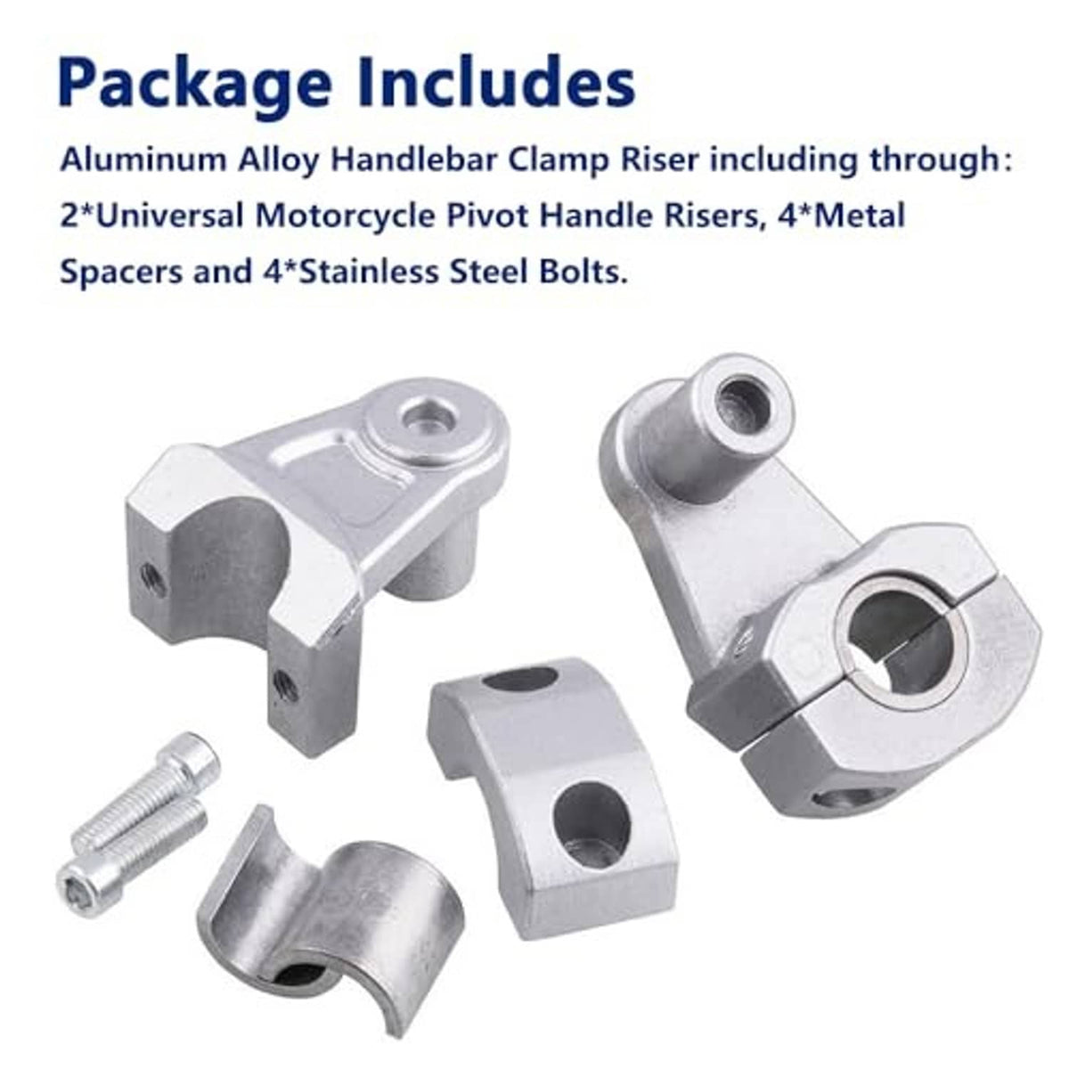 Universal aluminum handlebar clamp riser set with metal spacers and stainless bolts
