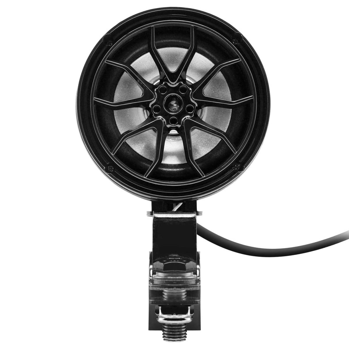Single black motorcycle speaker with mounting stud and attached audio cable