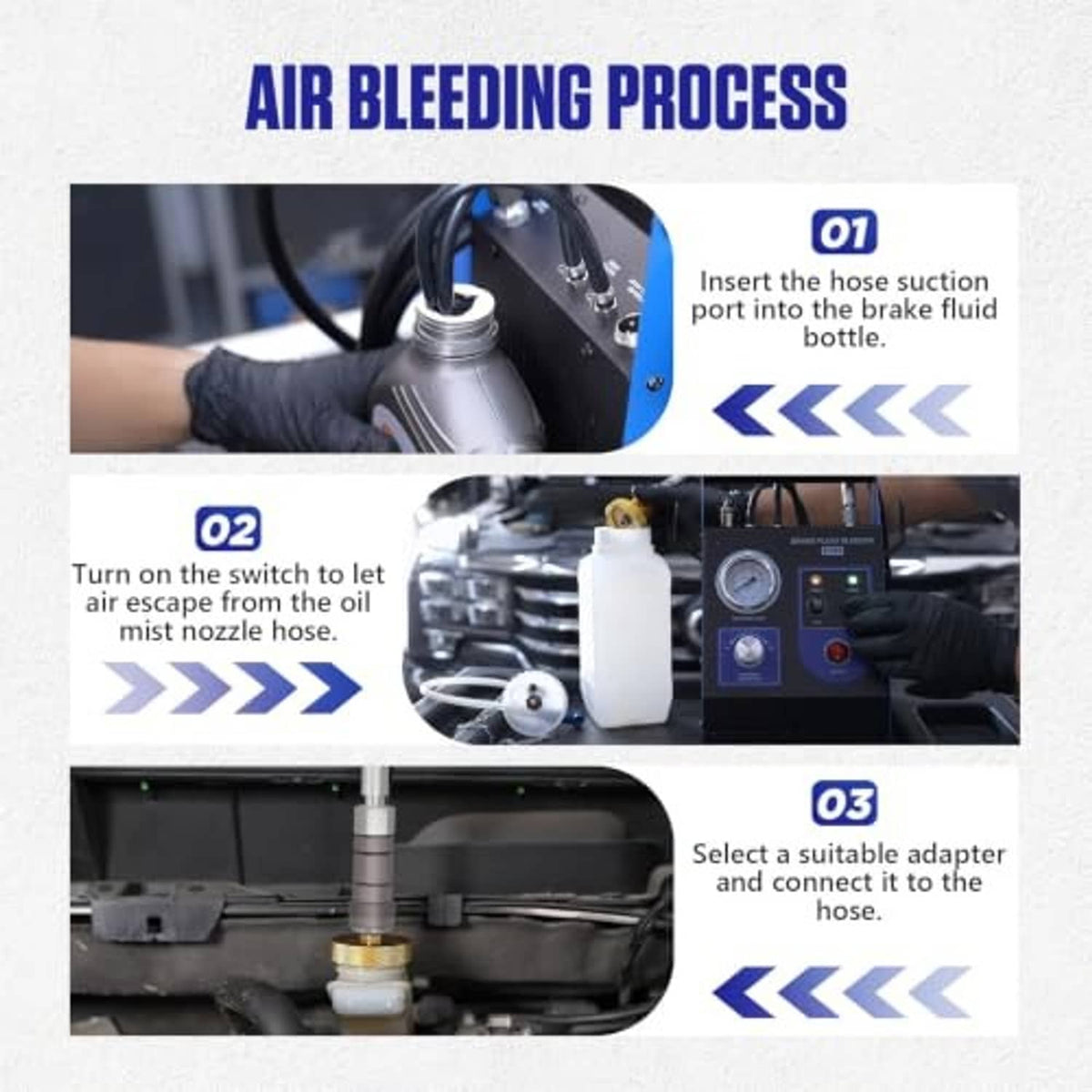 Brake bleeder kit setup showing hose suction, switch operation, and adapter connections