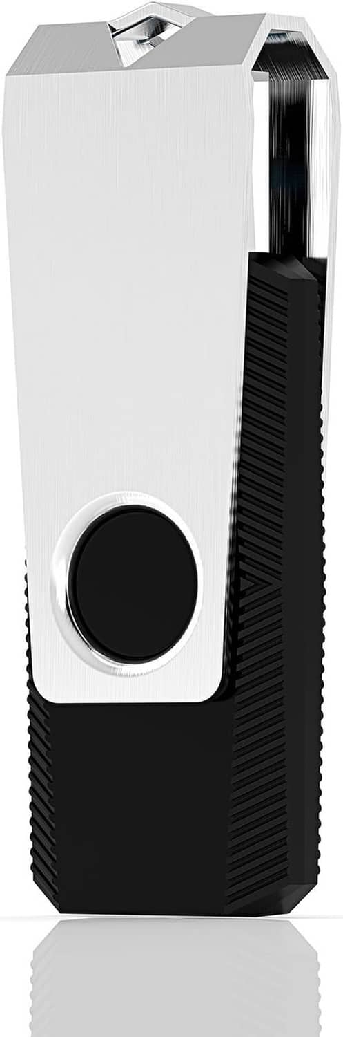 Silver and black USB flash drive with circular metal ring and ribbed grip body