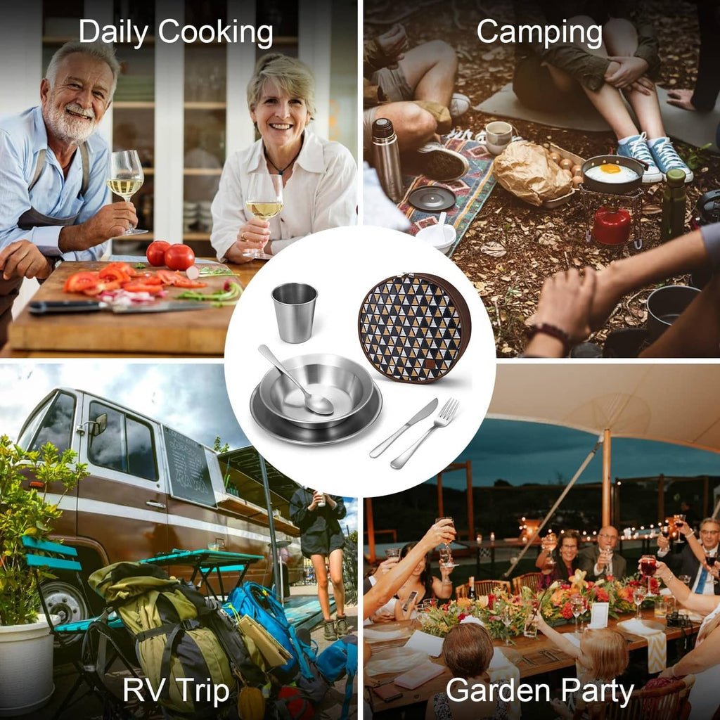 Stainless steel camping mess kit with plate, bowl, cup, fork, spoon, and patterned case