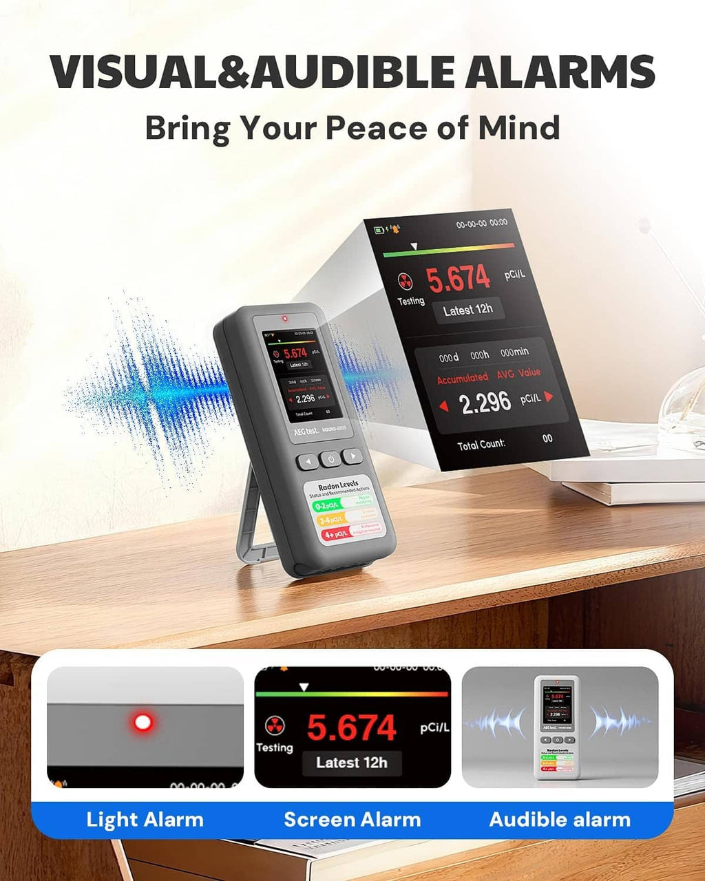 Grey portable radon detector with LCD screen and buttons on a tabletop stand
