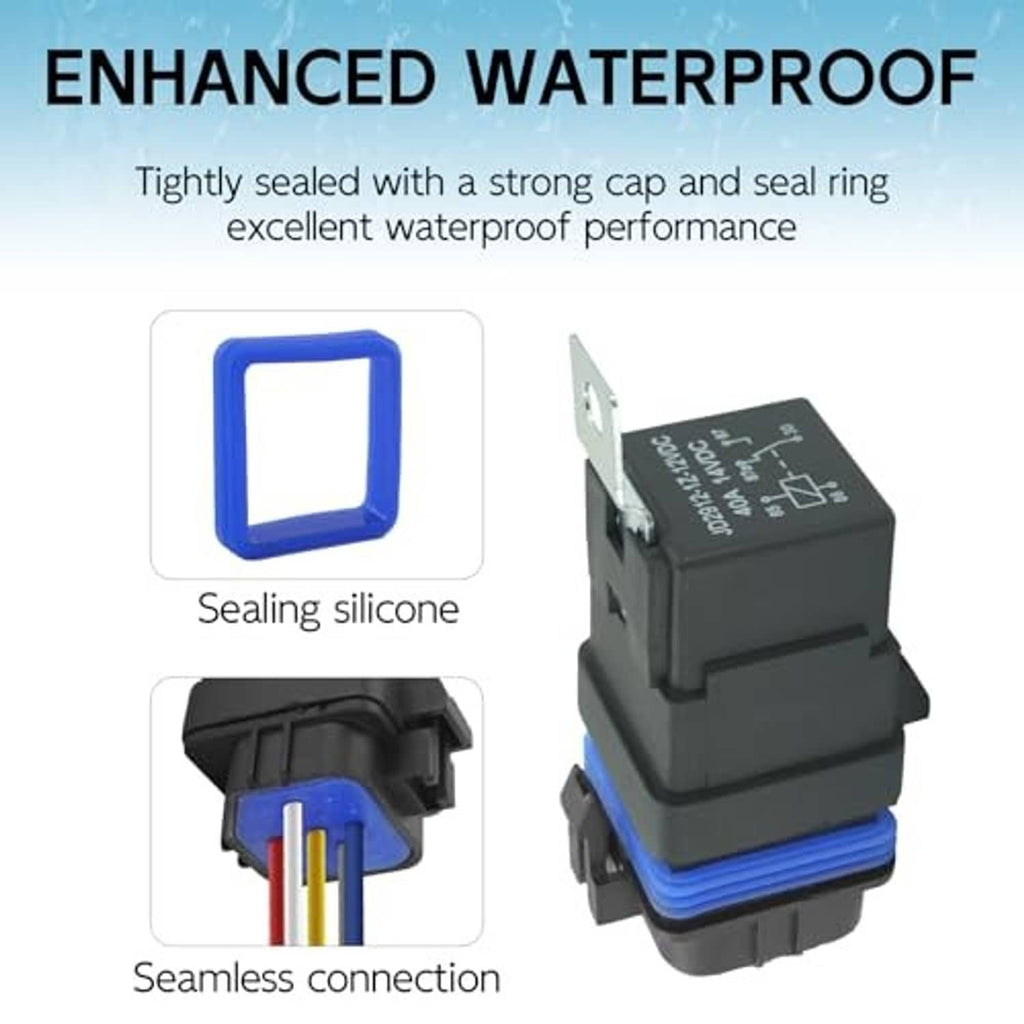 Waterproof relay switch with blue silicone sealing and sealed 5-pin connector housing