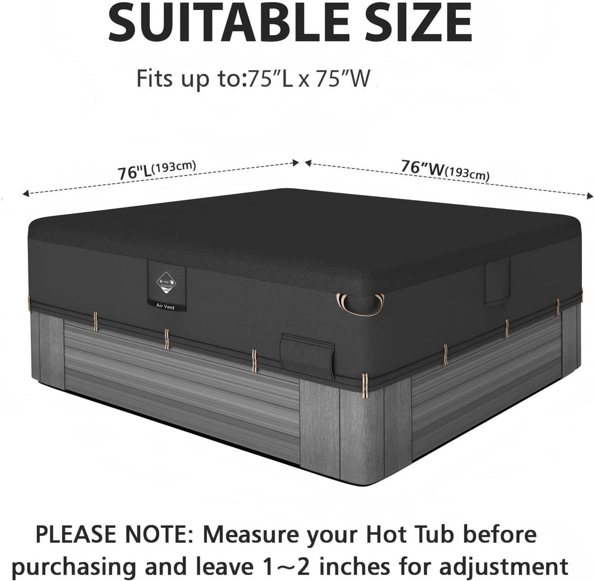 Black hot tub cover protector with gray panels, center access flap, buckle straps