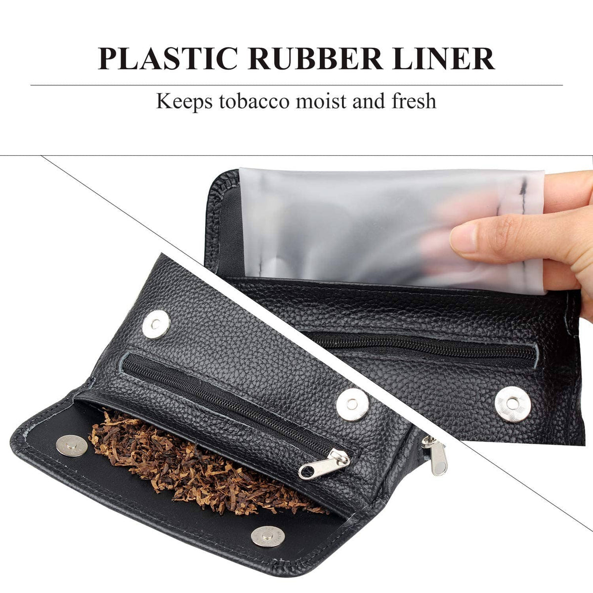 Black leather pipe pouch with transparent inner liner in the open pocket