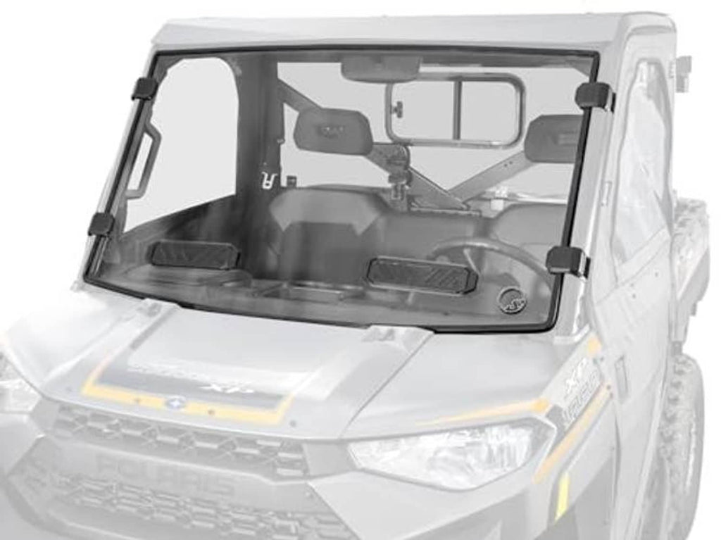 Vented full windshield viewed from the front cab, scratch-resistant, preinstalled