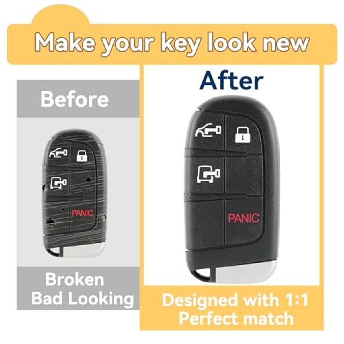 Black key fob shell with red PANIC button and four control icons, replacement fit