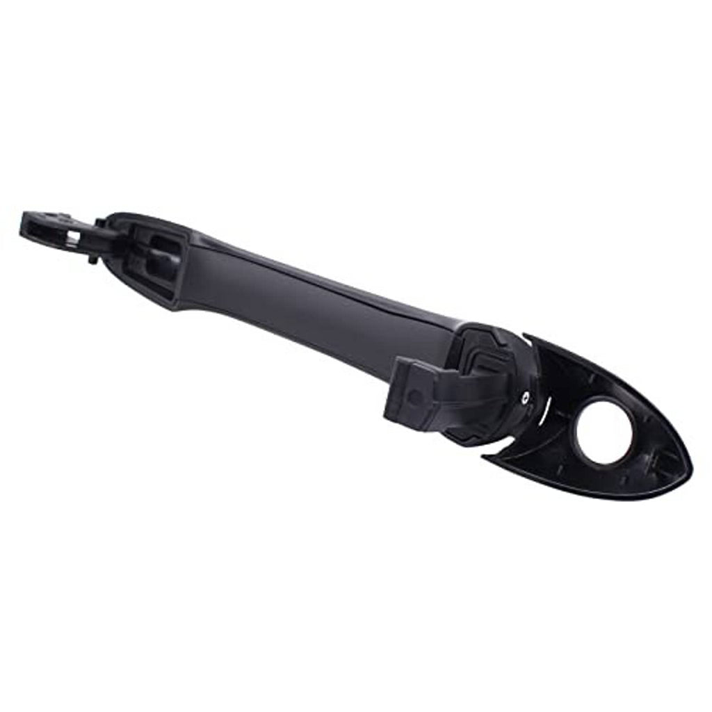 Exterior door handle with black mounting bracket and circular latch opening, angled view