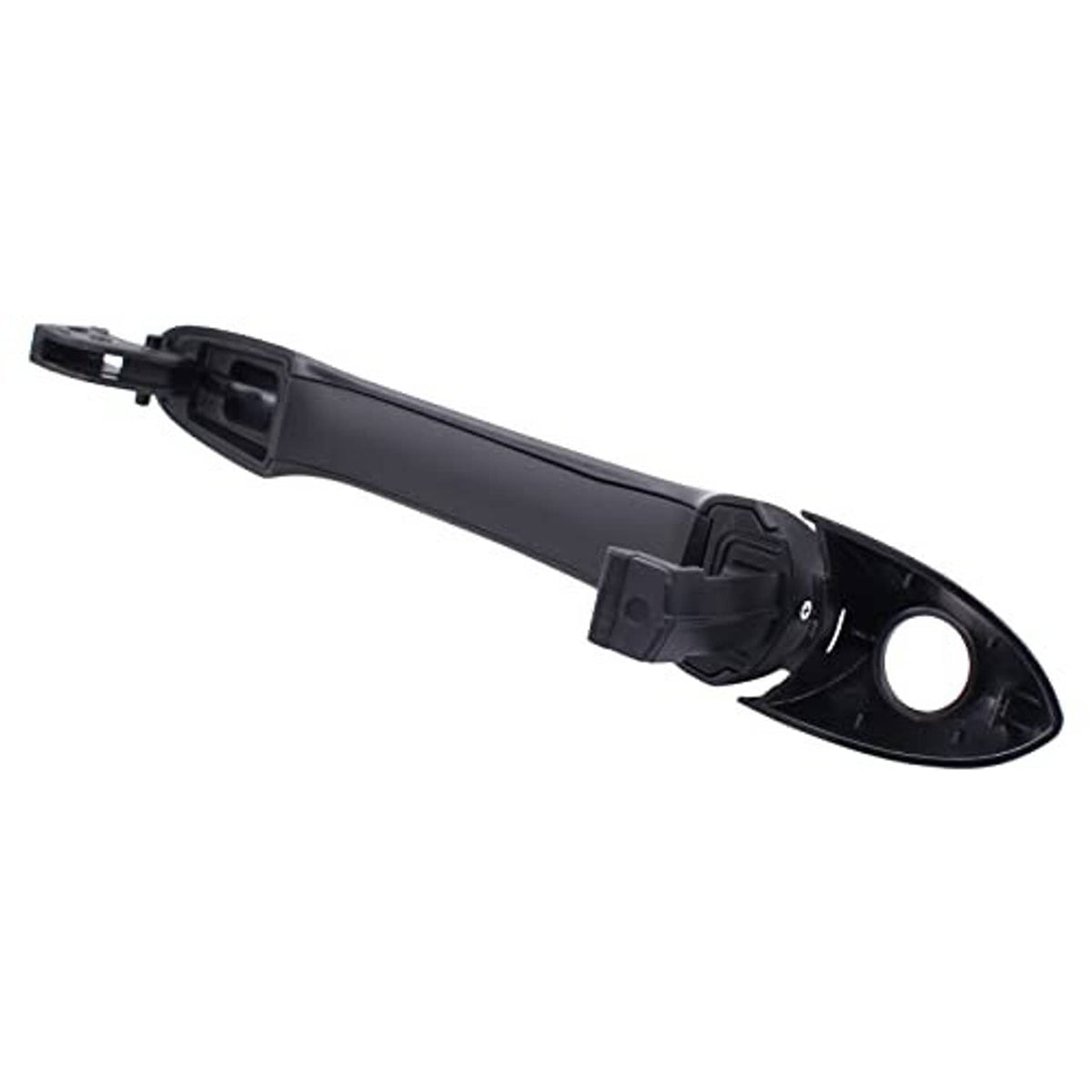 Exterior door handle with black mounting bracket and circular latch opening, angled view