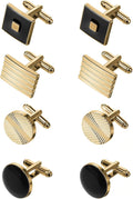 Set of gold-tone cufflinks with black square, black round, gold stripes, and textured circles