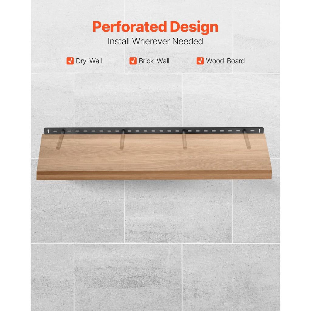 Floating shelf bracket with perforated rail and mounting holes for wood or masonry walls