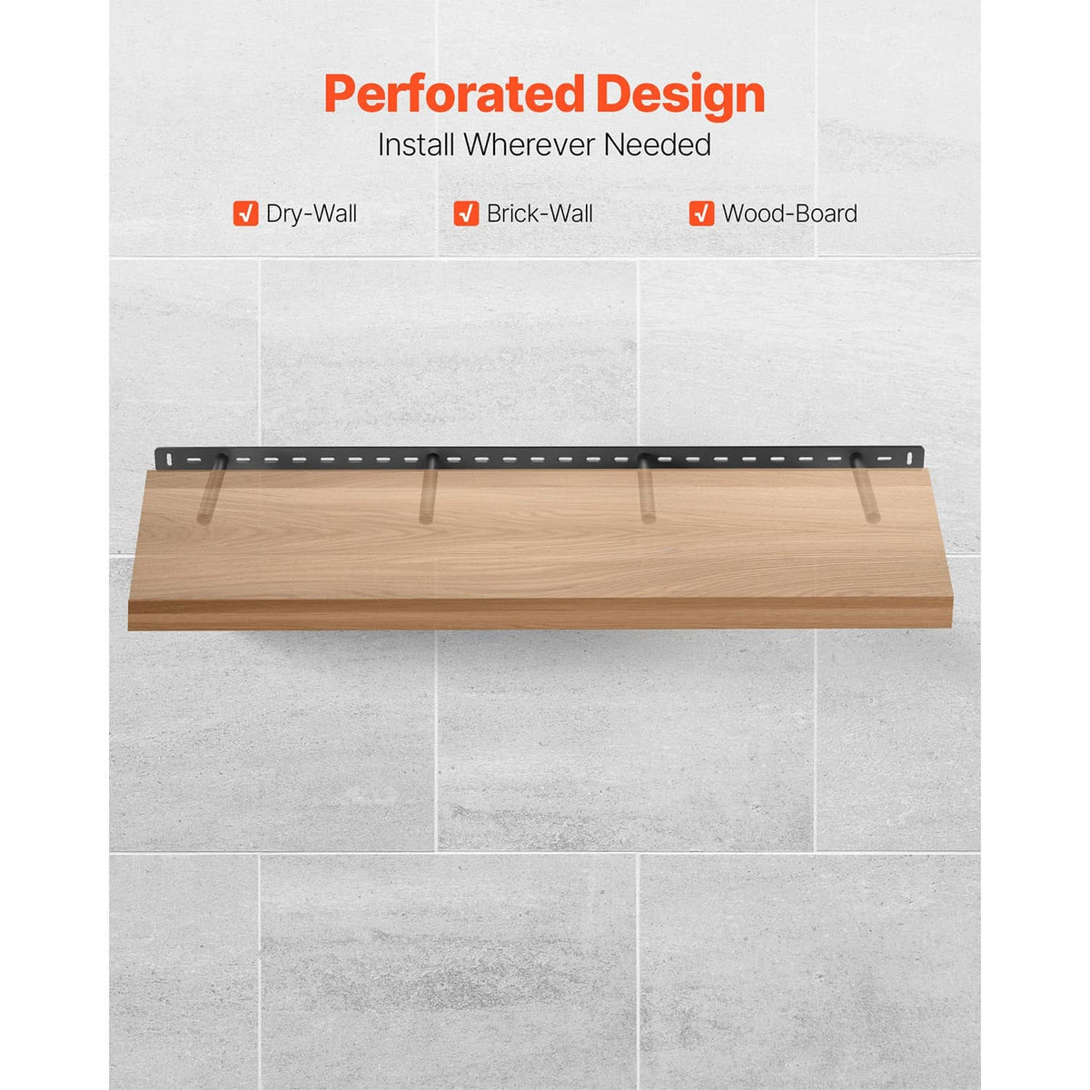 Floating shelf bracket with perforated rail and mounting holes for wood or masonry walls
