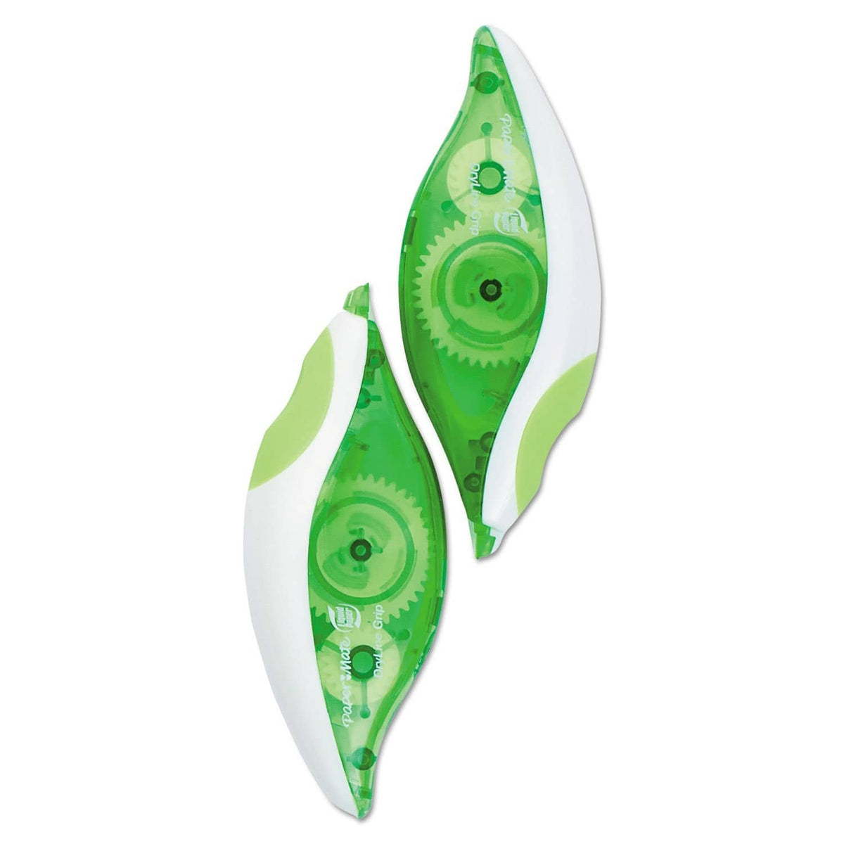 Pair of green correction tape applicators with white tape strip edges