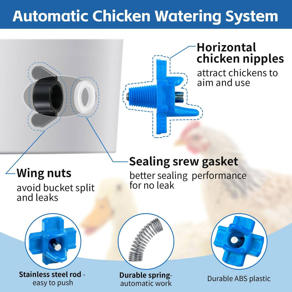 Horizontal chicken waterer nipple kit for buckets, blue ABS fittings with sealing gasket