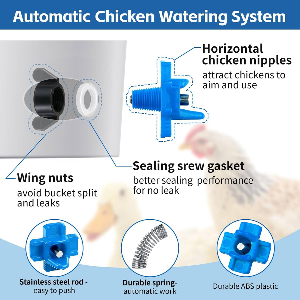 Horizontal chicken waterer nipple kit for buckets, blue ABS fittings with sealing gasket