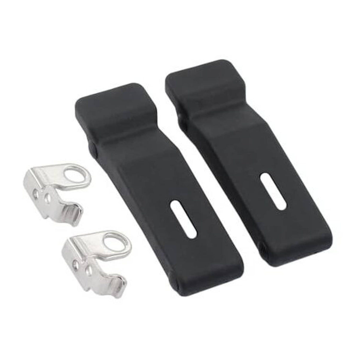 Pack of 2 black front storage rack latch brackets with silver clips and hardware
