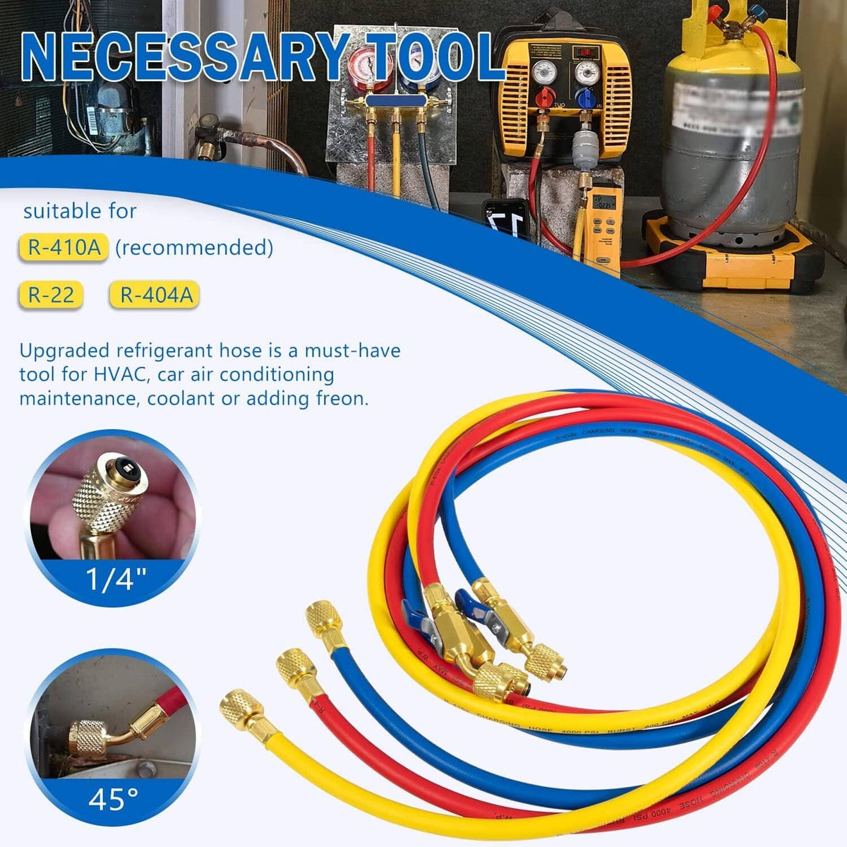 Refrigerant charging hose set with coiled red, blue, and yellow hoses and brass valve ends