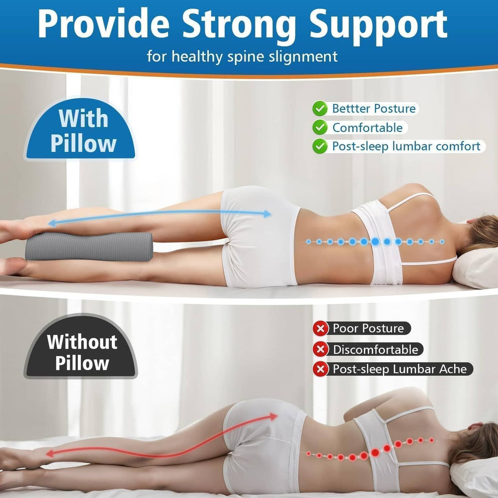 Gray knee pillow positioned under legs on a bed for improved spinal alignment
