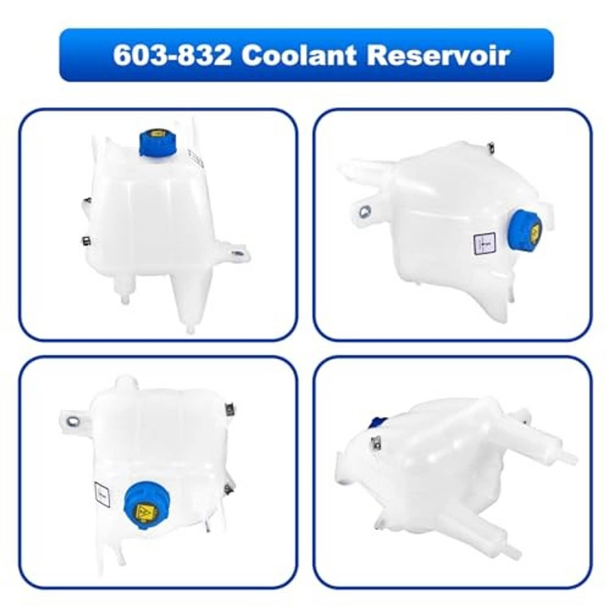 White coolant reservoir tank with blue cap, shown from multiple angles