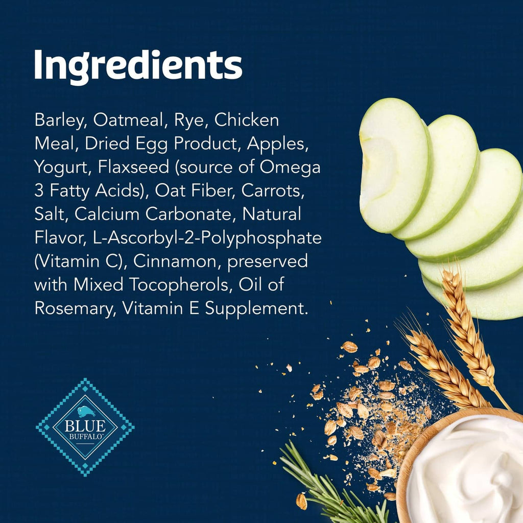 Ingredients panel with apple slices and grain flakes graphic for baked apples and yogurt biscuits