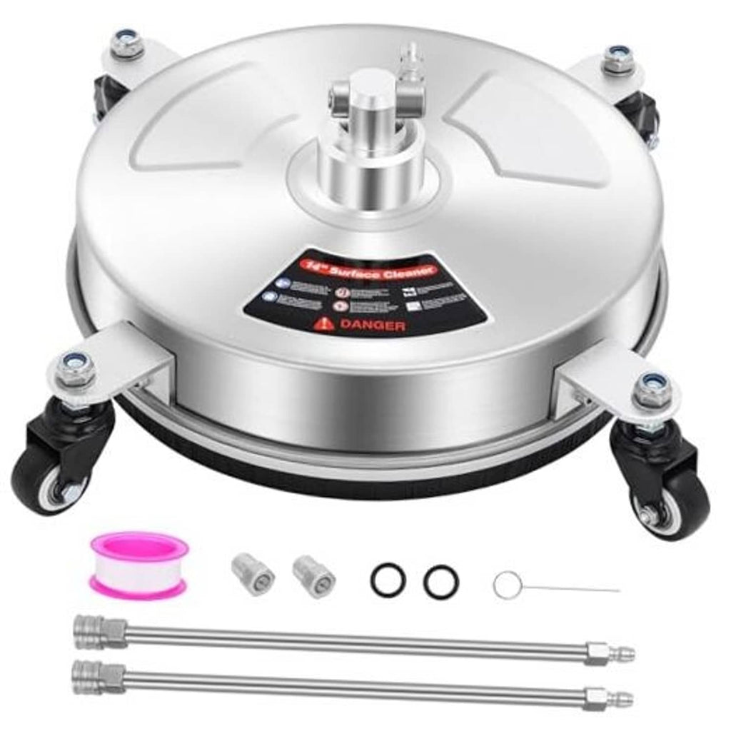 Stainless steel pressure washer surface cleaner with four caster wheels and central spray nozzle