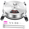 Stainless steel pressure washer surface cleaner with four caster wheels and central spray nozzle