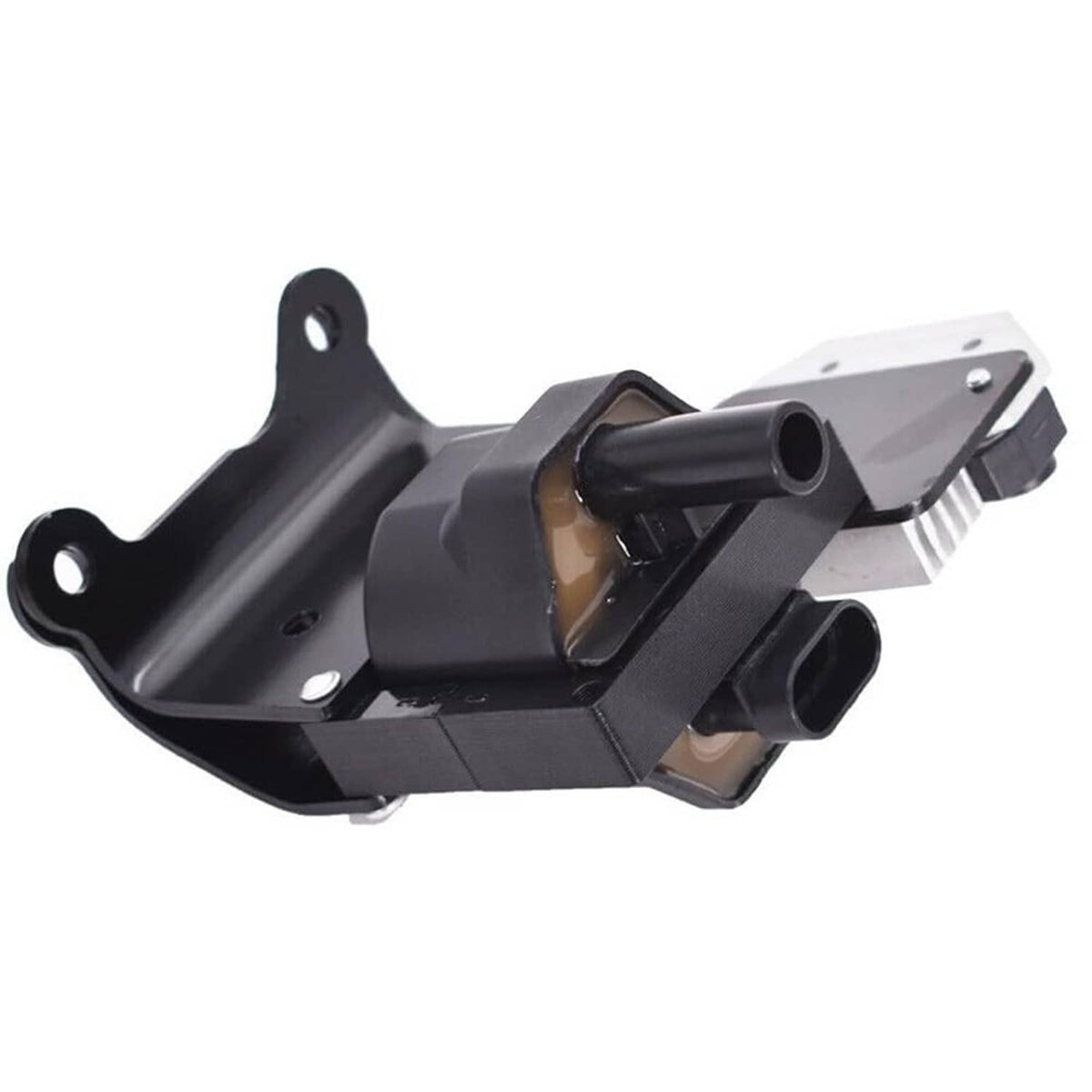 Black ignition coil module with angled housing and visible connector opening