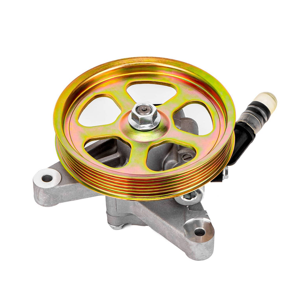 Power steering pump with multicolor pulley, side view of mounting bracket and hose