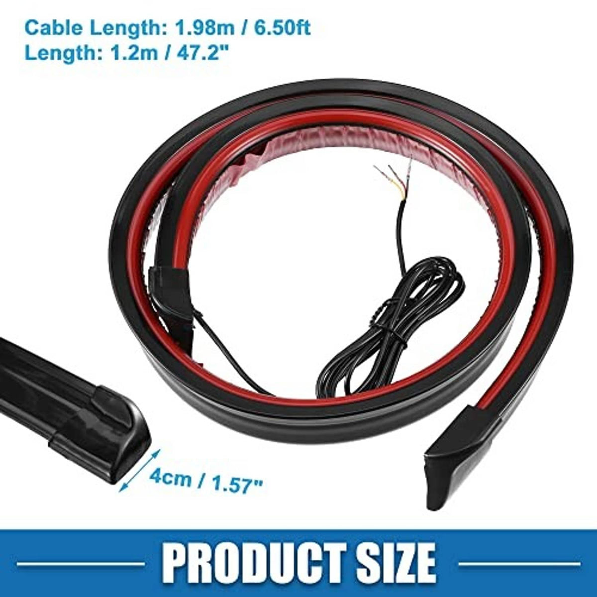 Car spoiler LED strip with red trim ring and black mounting clips, 1.2 m cable set