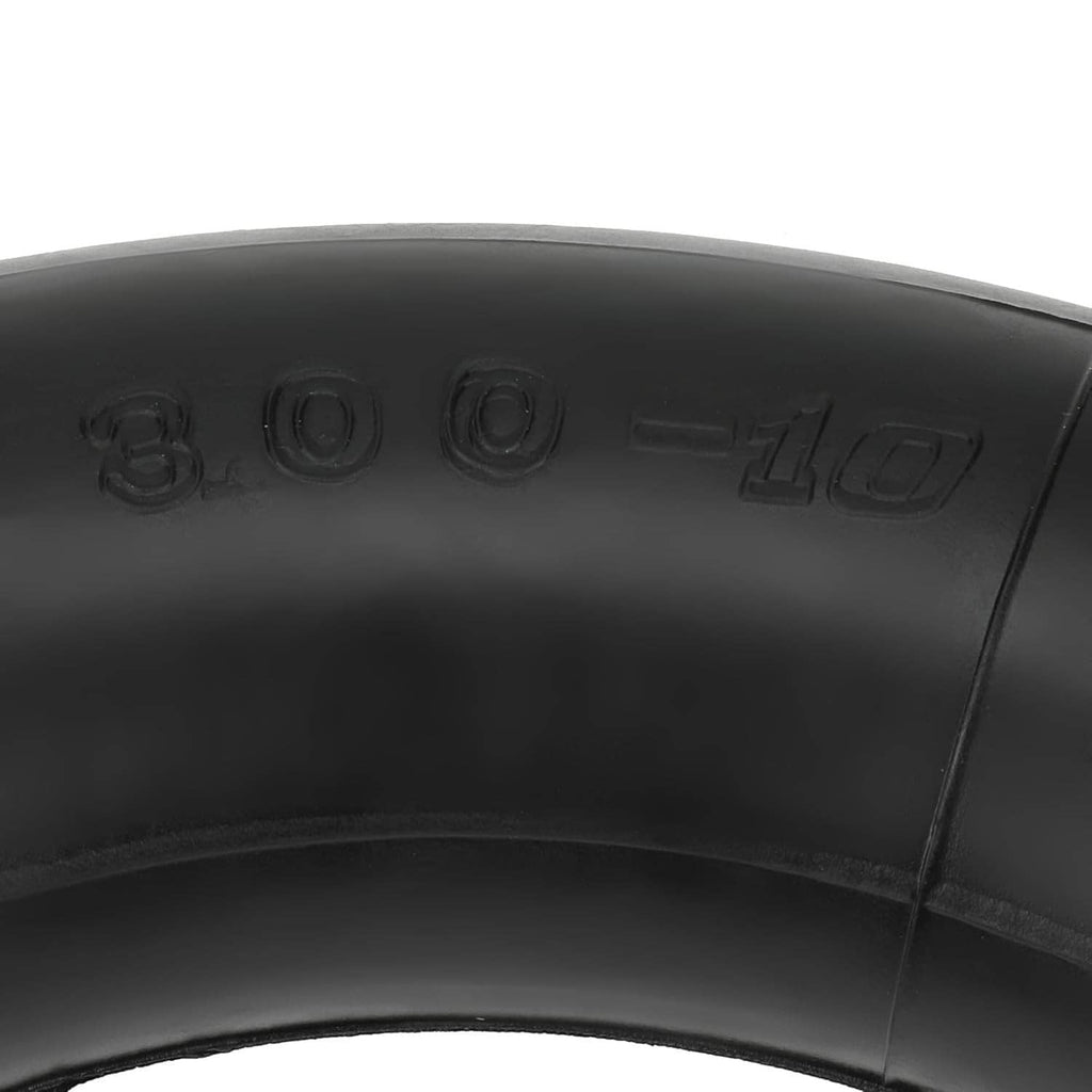 Close-up of black inner tube with embossed “3.00-10” marking and seam detail
