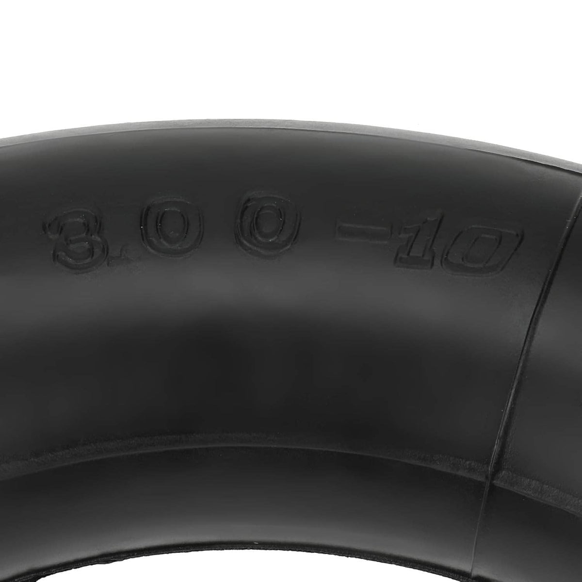 Close-up of black inner tube with embossed “3.00-10” marking and seam detail