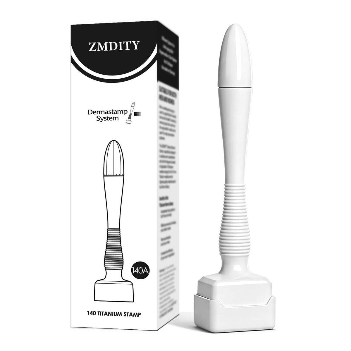 White microneedle dermastamp tool with handle and product box