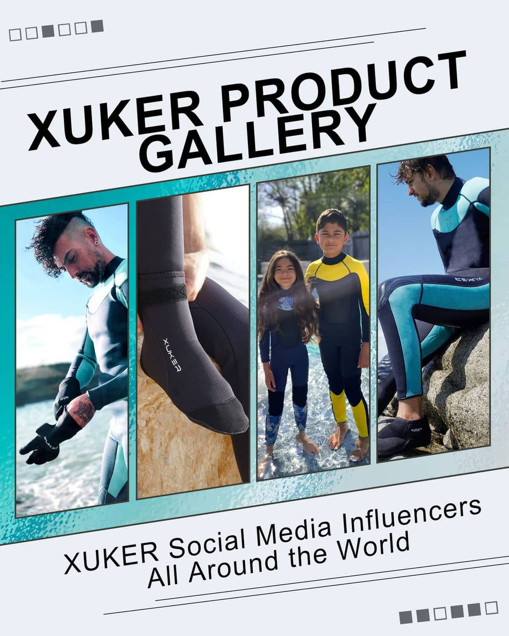 Black neoprene socks with XUKER logo on product gallery collage