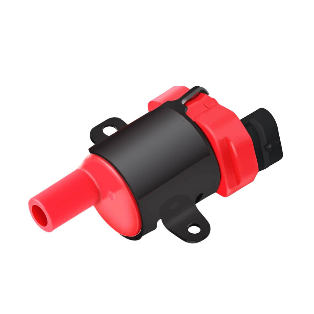 Ignition coil with red boot, black housing, and side mounting bracket