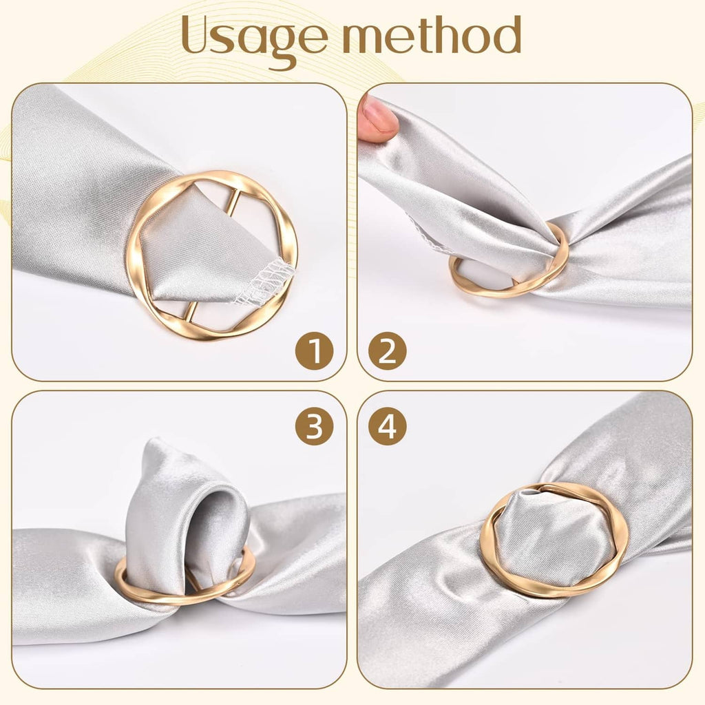 Gold scarf ring slide showing how to thread and loop a satin scarf