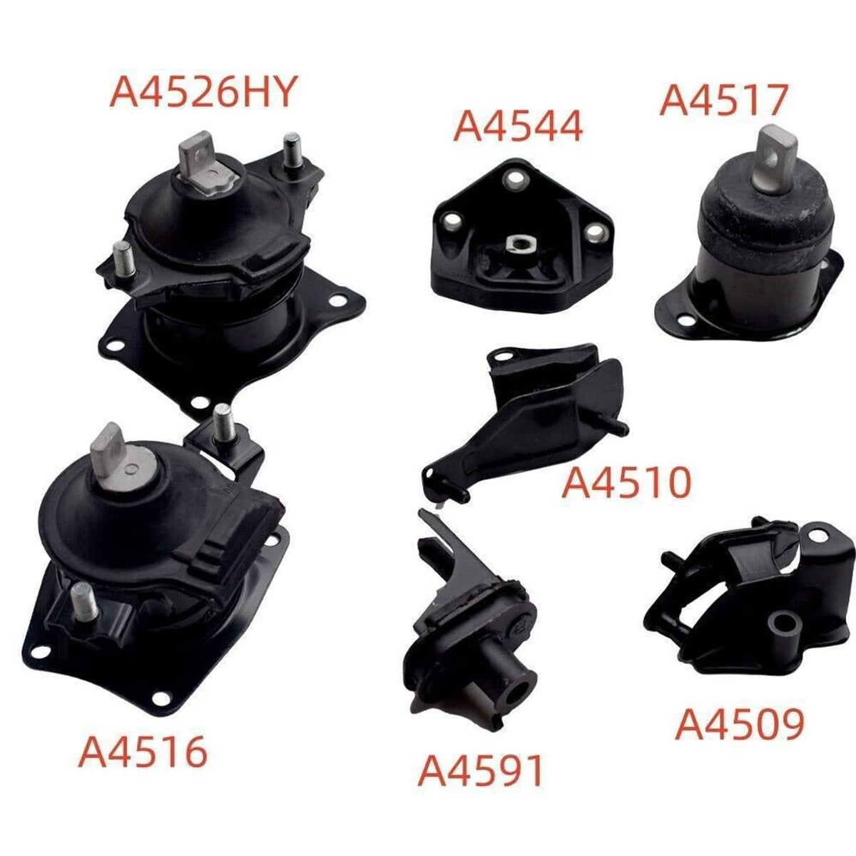 Set of black rubber motor mount assemblies with metal plates, brackets, and bolts