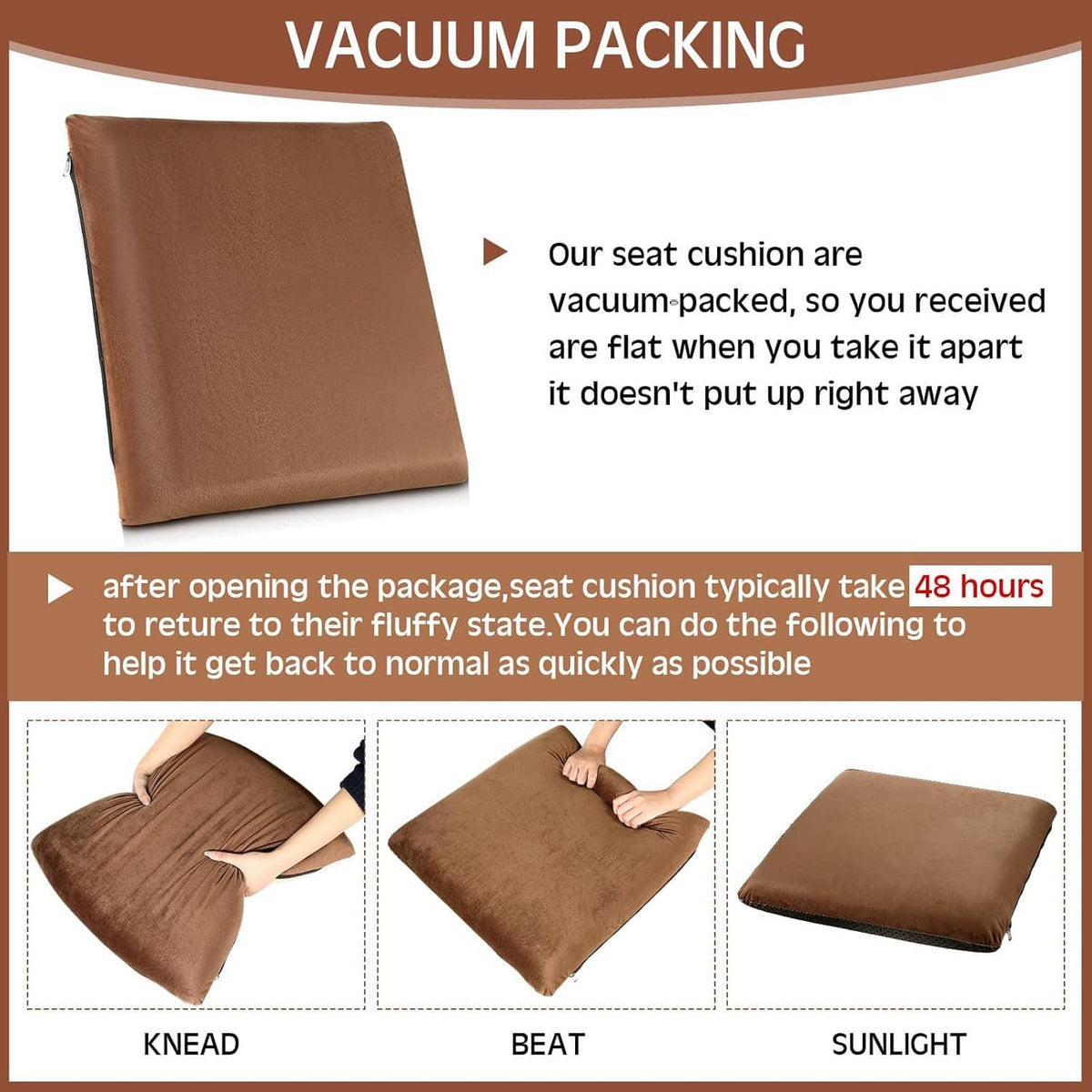 Brown seat cushion shown in a flattened vacuum-packed shape