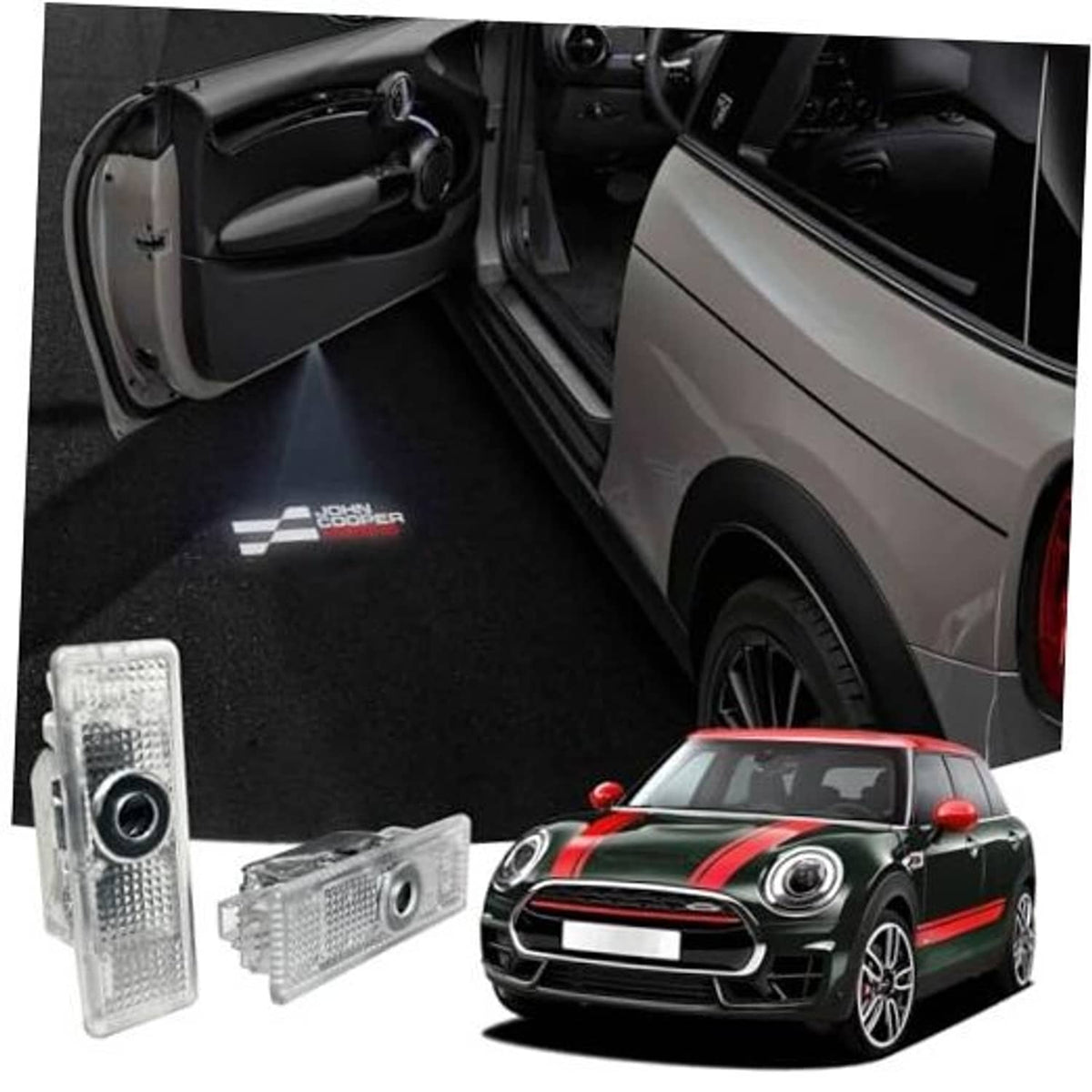 Pair of clear LED car door projector lights with white lens, set of 2