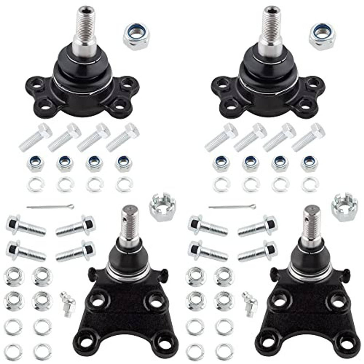 Pair of front ball joints with black boots and threaded studs plus hardware including nuts and bolts