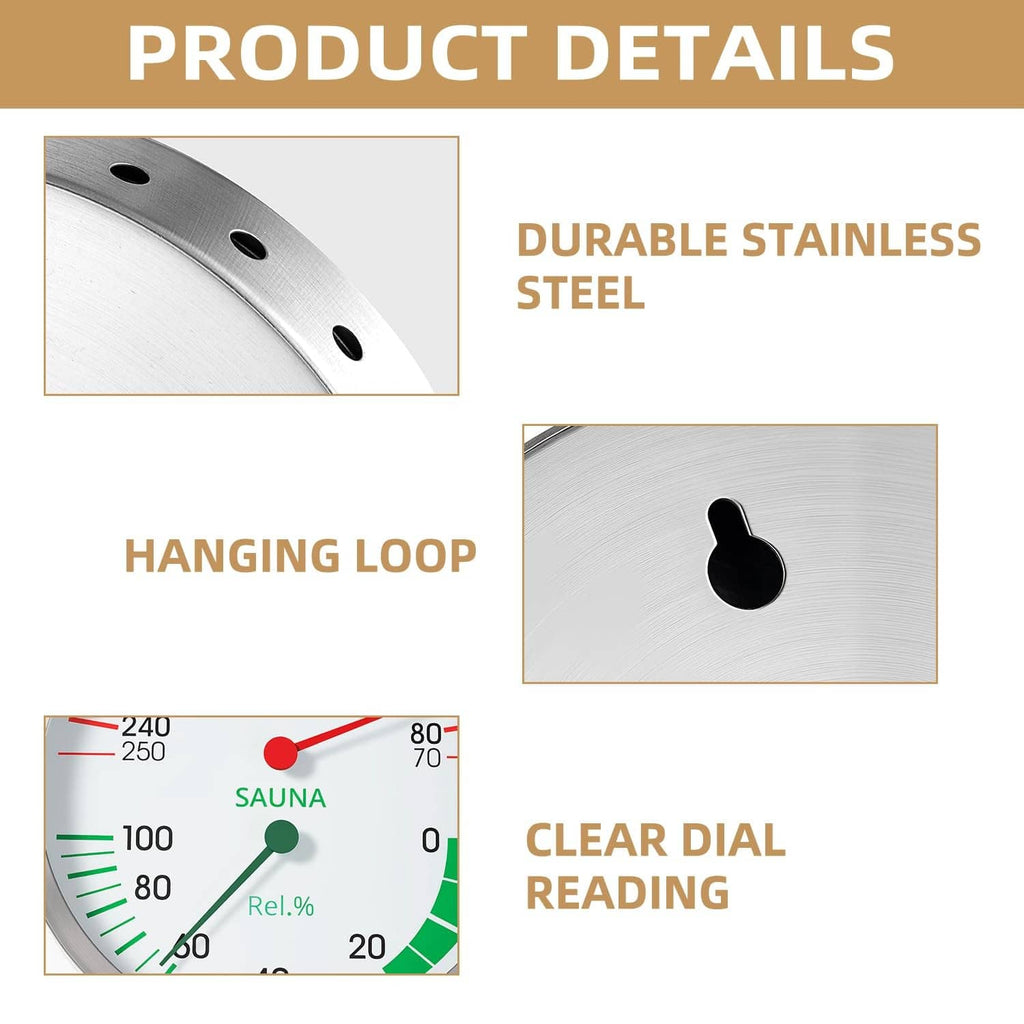 Silver sauna gauge with clear dial, hanging loop, and labeled temperature and humidity scales