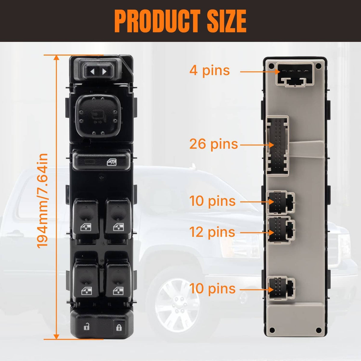 Master power window switch with wiring connectors, black and gray plastic housing