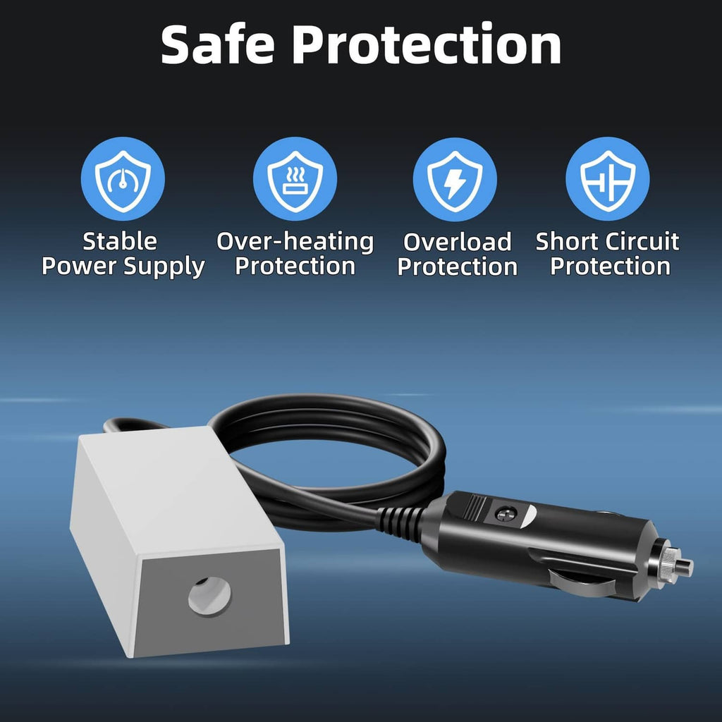 Safety-protected cigarette lighter adapter with white module and black plug, bundled cable