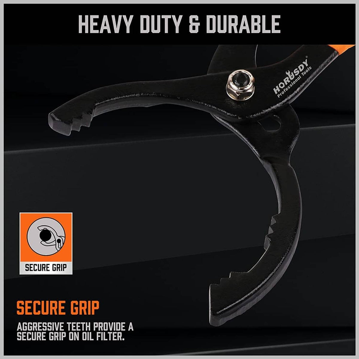 Heavy-duty oil filter pliers with serrated black jaws and orange comfort handles.