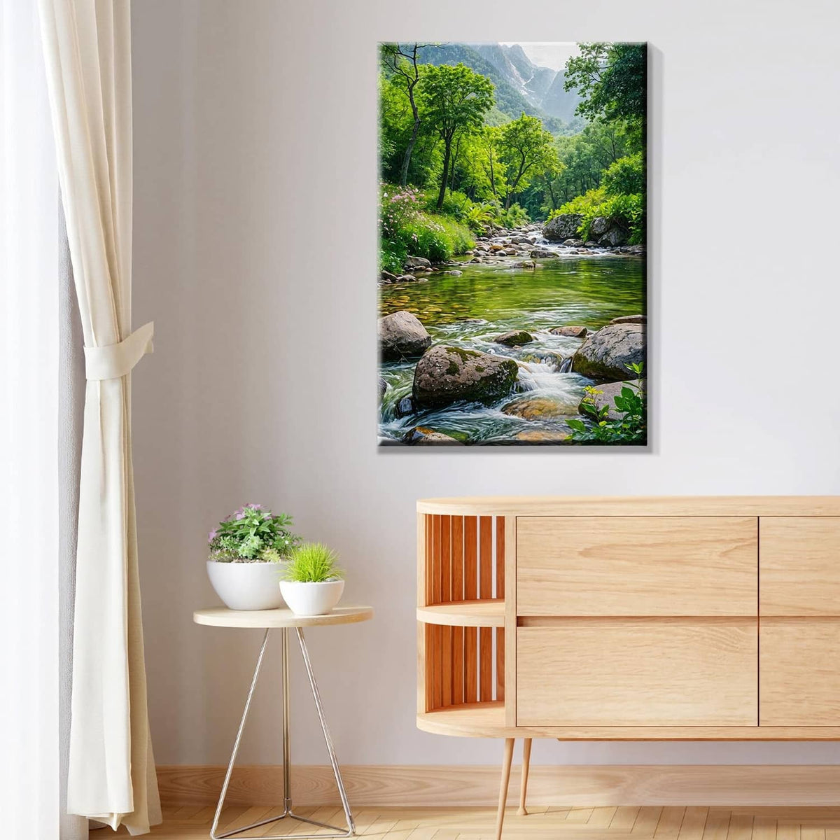 Landscape paint-by-number canvas with flowing stream and forest trees, framed