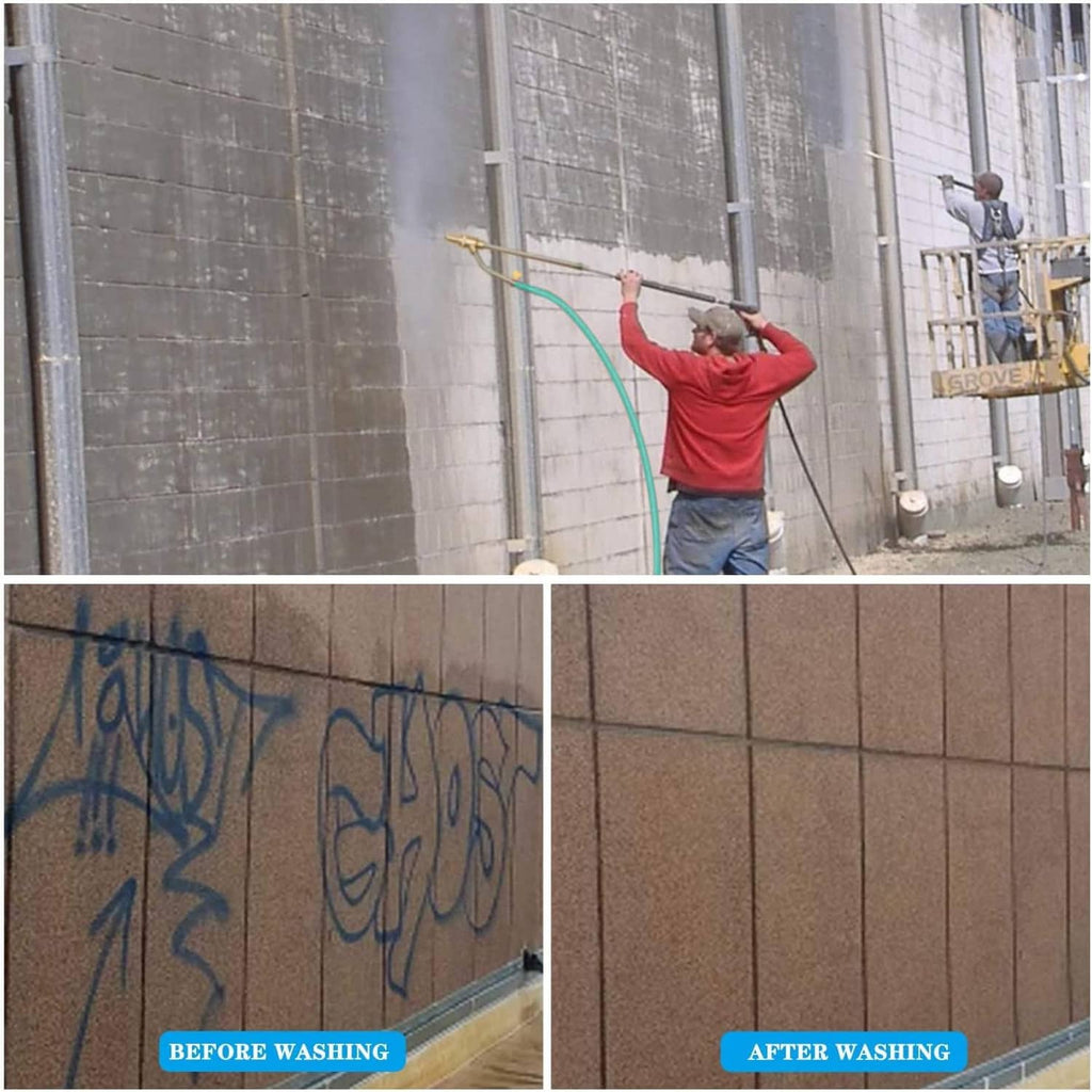 Sandblasting pressure washer attachment with green hose for wall cleaning before and after