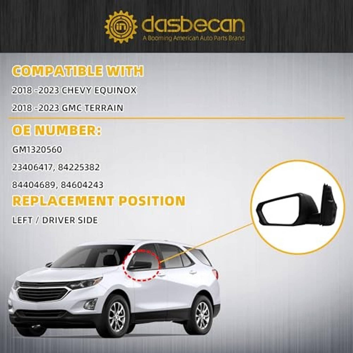 Driver side replacement mirror for left/driver side, black textured housing